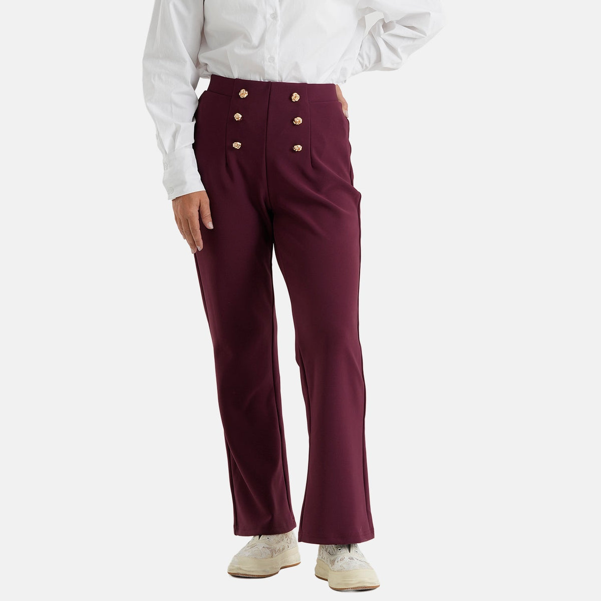 Pantalones de vestir elásticos para mujer con cintura elástica y cierre de botón