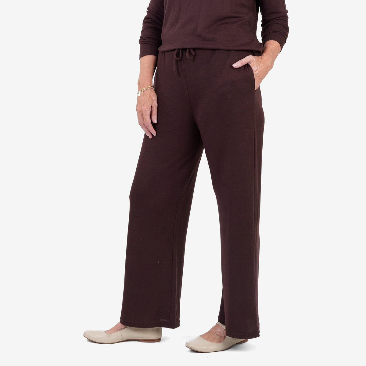 Pantalones de pernera ancha con acabado jaspeado cepillado – Pantalón de cintura elástica con cordón para mujer | Chocol