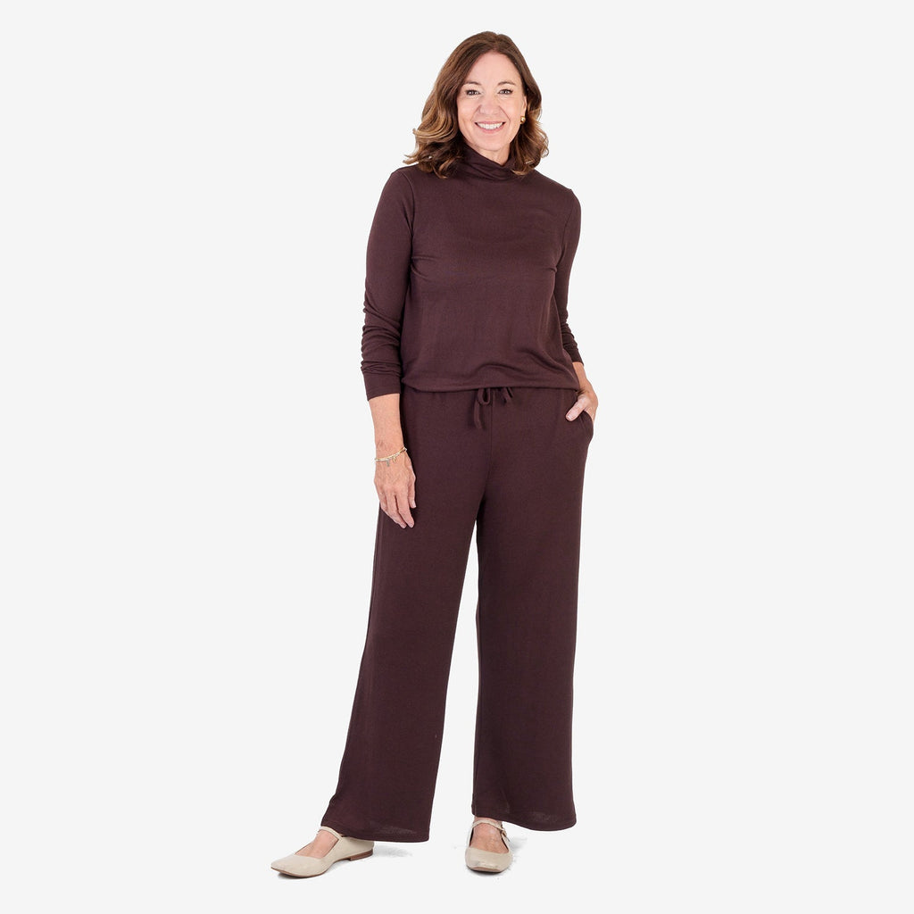 Pantalones de pernera ancha con acabado jaspeado cepillado – Pantalón de cintura elástica con cordón para mujer | Chocol