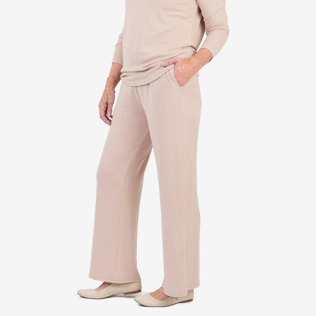 Pantalones de pernera ancha con acabado jaspeado cepillado – Pantalón de cintura elástica con cordón para mujer | Chocol