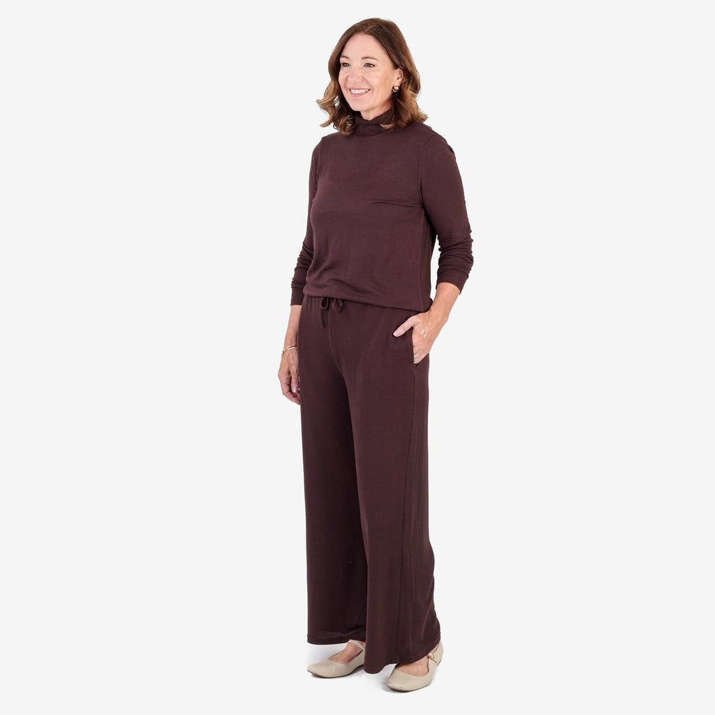 Pantalones de pernera ancha con acabado jaspeado cepillado – Pantalón de cintura elástica con cordón para mujer | Chocol