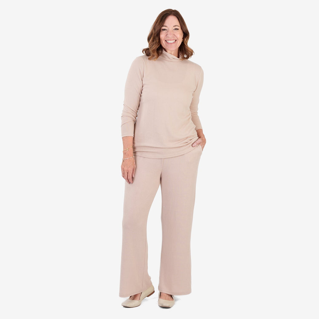 Pantalones de pernera ancha con acabado jaspeado cepillado – Pantalón de cintura elástica con cordón para mujer | Chocol
