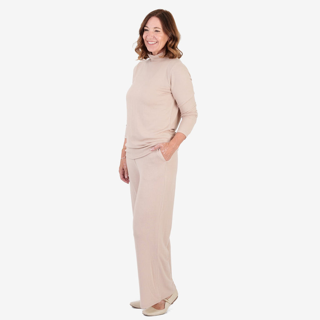Pantalones de pernera ancha con acabado jaspeado cepillado – Pantalón de cintura elástica con cordón para mujer | Chocol