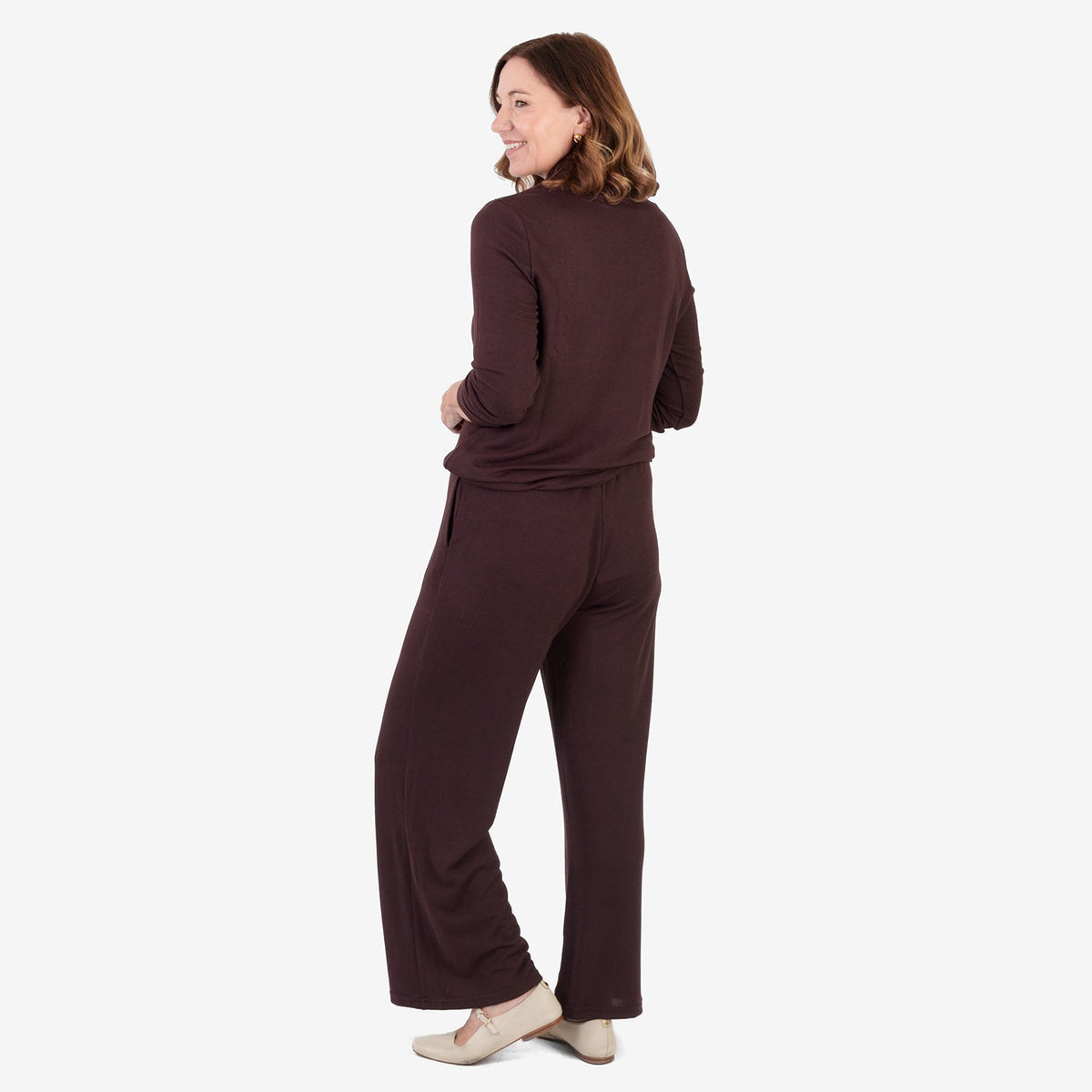Pantalones de pernera ancha con acabado jaspeado cepillado – Pantalón de cintura elástica con cordón para mujer | Chocol
