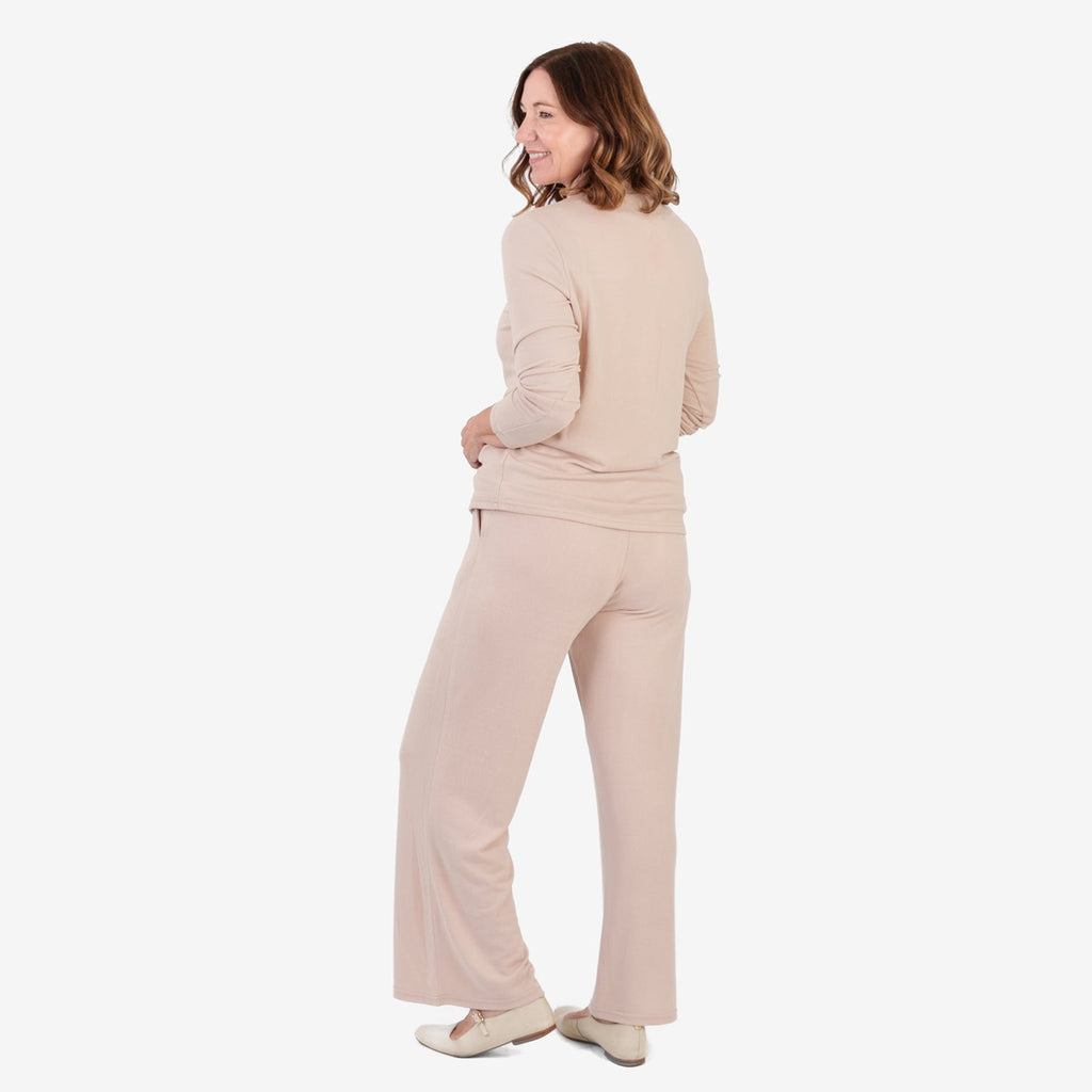Pantalones de pernera ancha con acabado jaspeado cepillado – Pantalón de cintura elástica con cordón para mujer | Chocol
