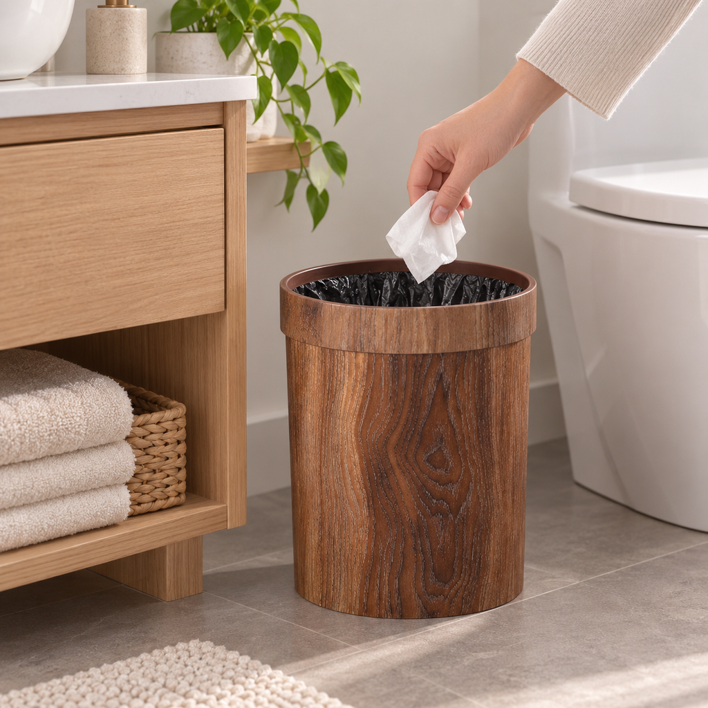 Papelera compacta de madera para organización minimalista del hogar