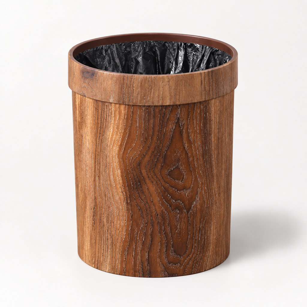 Papelera compacta de madera para organización minimalista del hogar