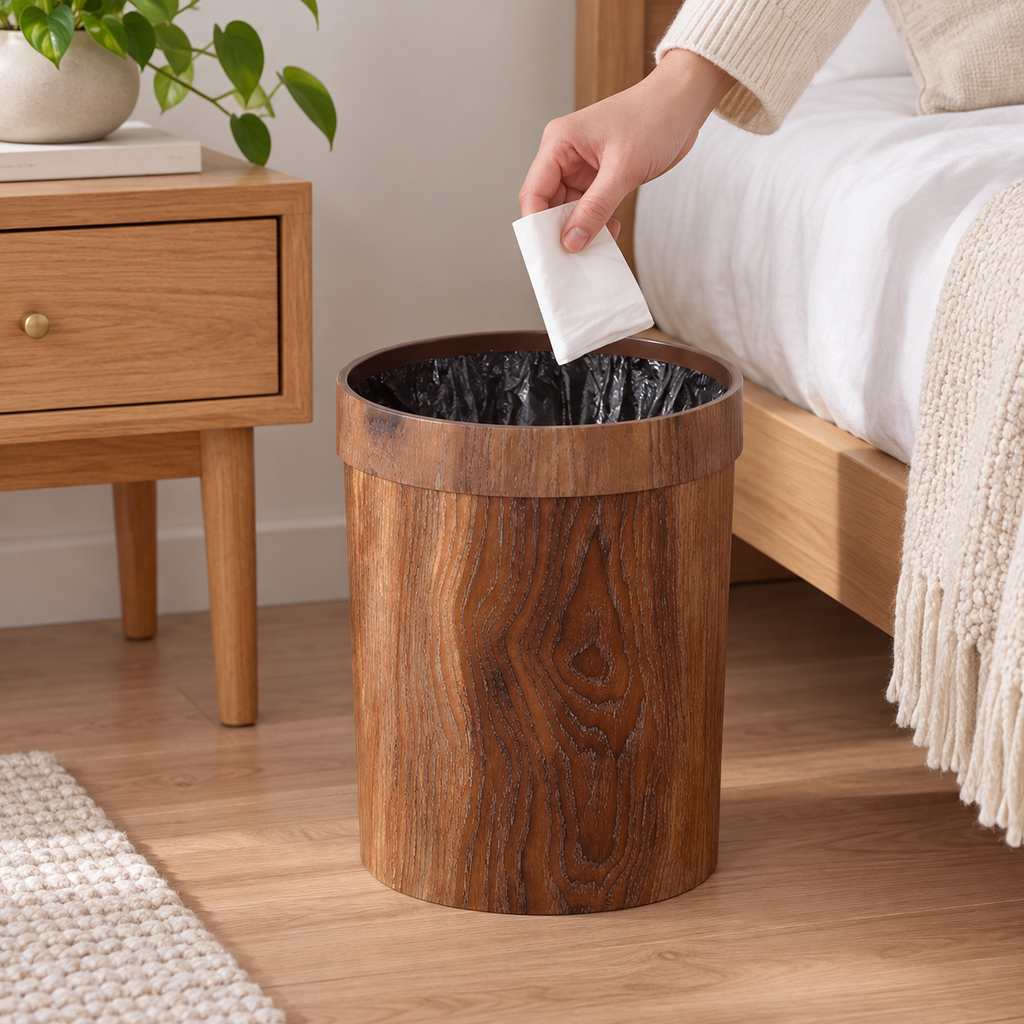 Papelera compacta de madera para organización minimalista del hogar
