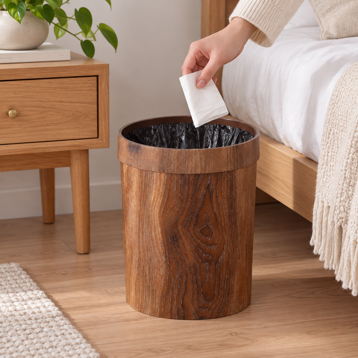 Papelera compacta de madera para organización minimalista del hogar