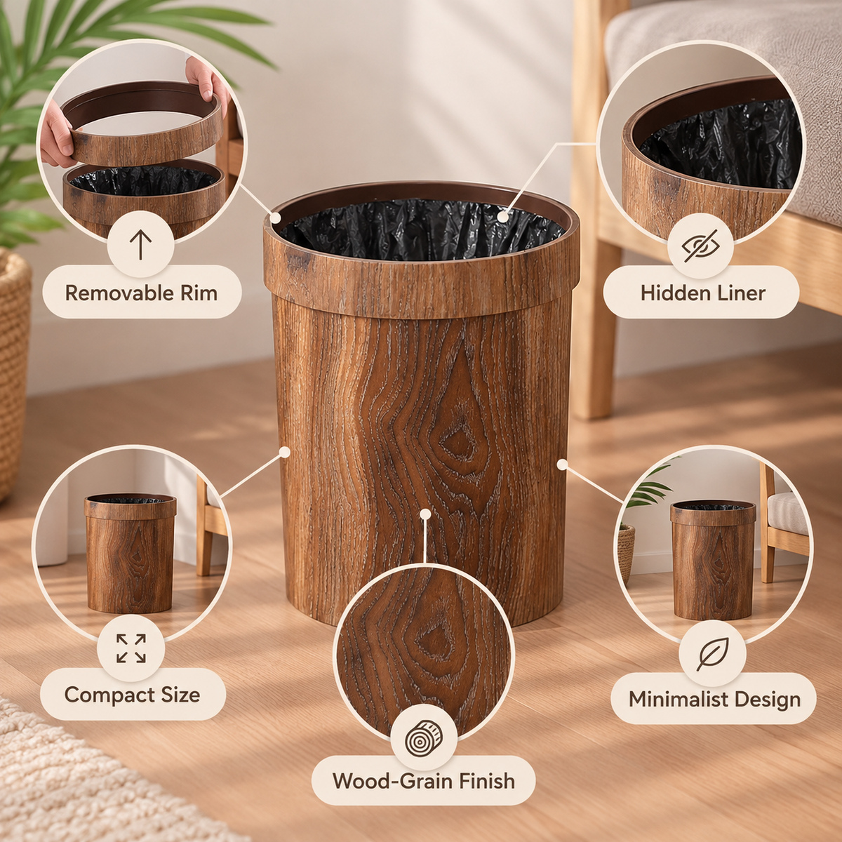 Papelera compacta de madera para organización minimalista del hogar
