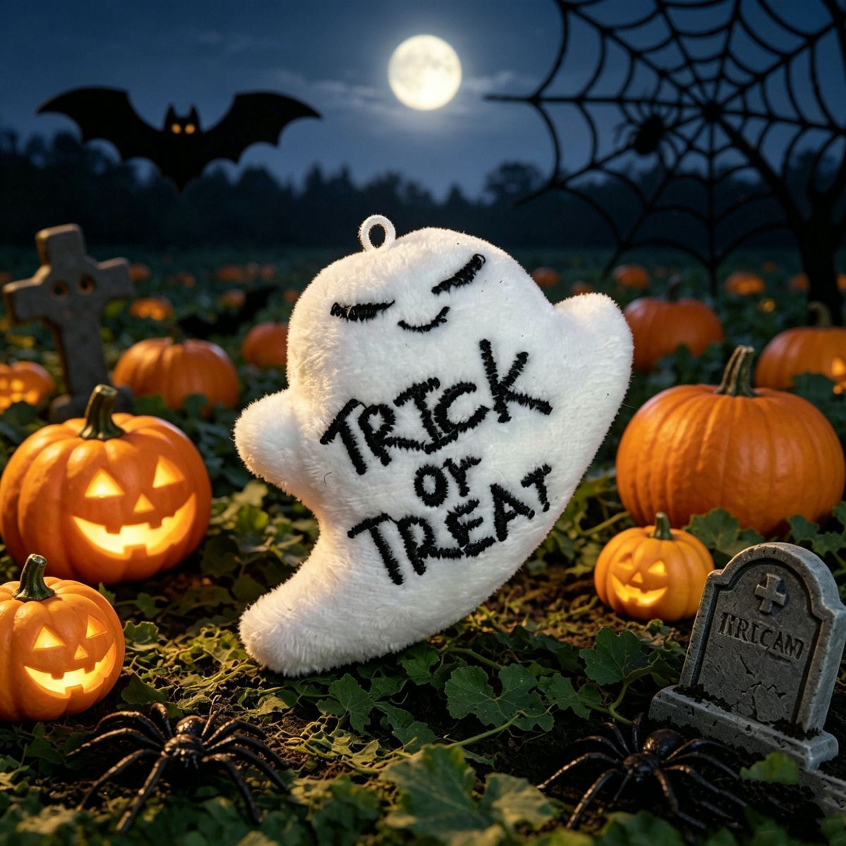 Peluche de fantasma de Halloween con tejido suave y cara bordada