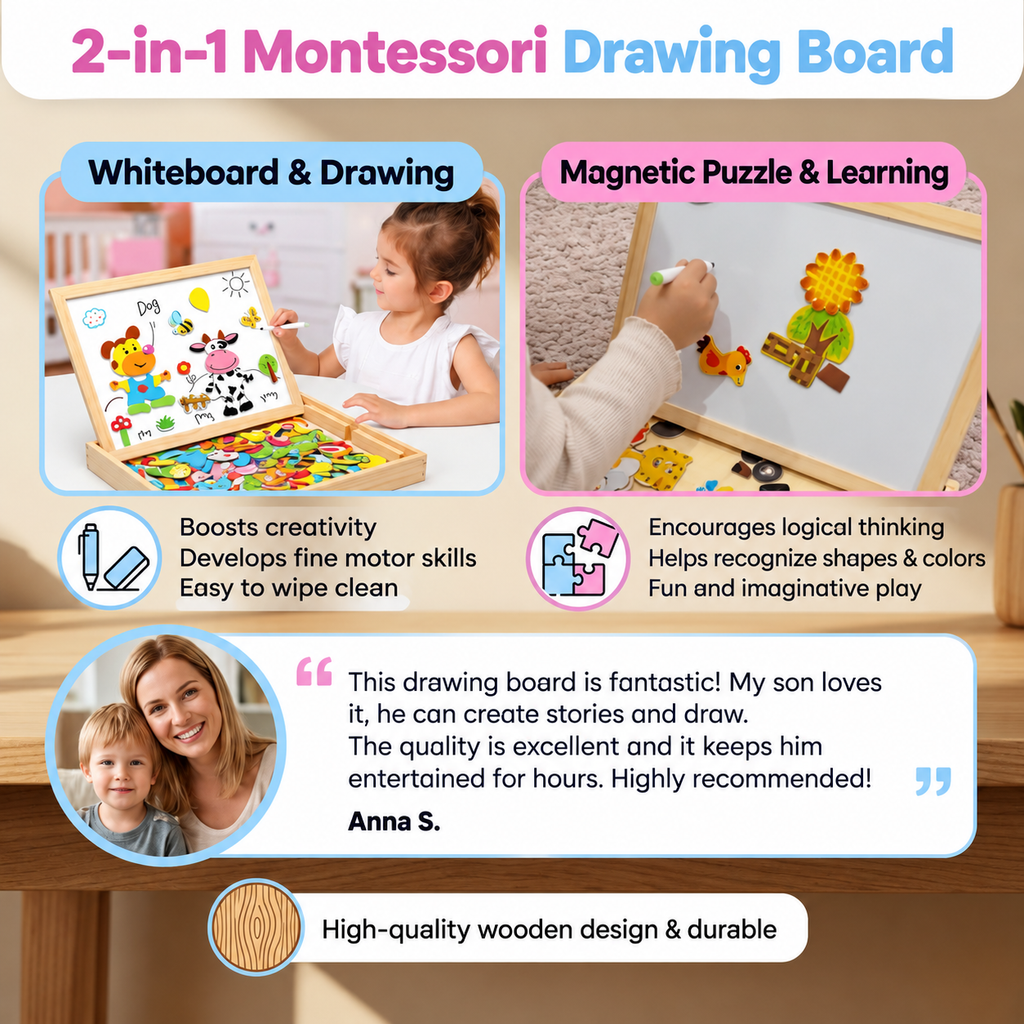 Pizarra de dibujo Montessori 2 en 1 de madera | Lado magnético y lado para escribir | Manera divertida de aprender forma