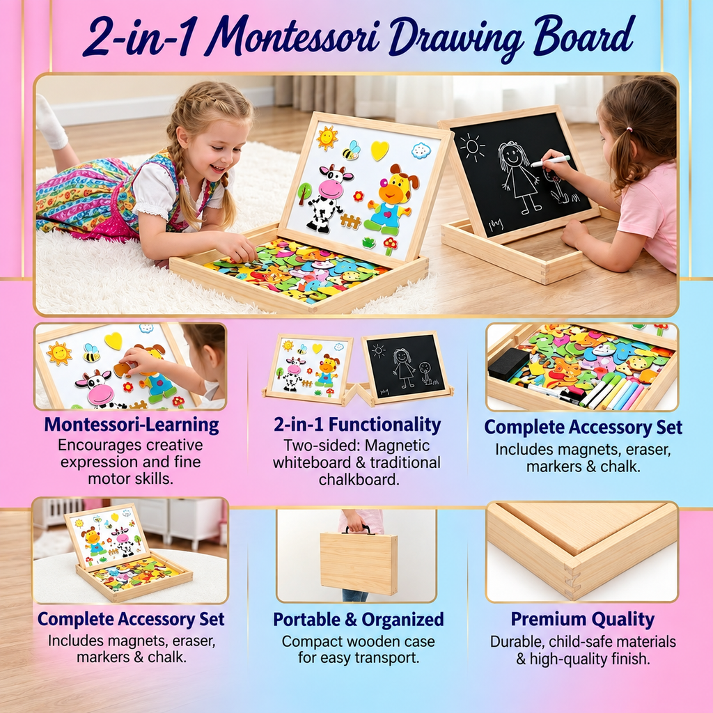Pizarra de dibujo Montessori 2 en 1 de madera | Lado magnético y lado para escribir | Manera divertida de aprender forma