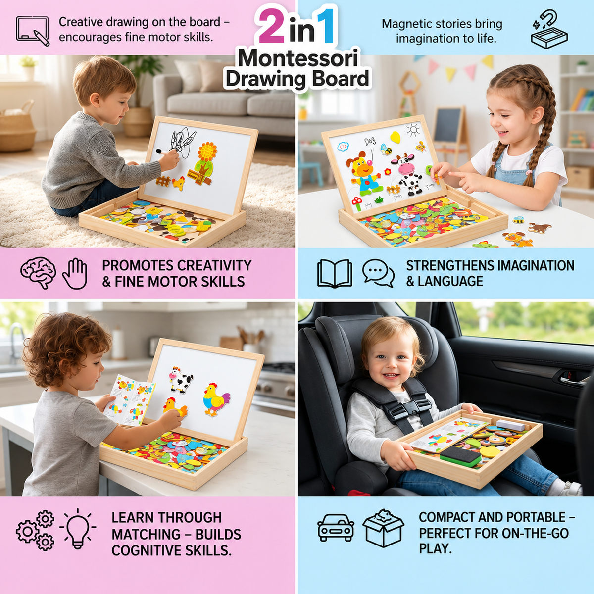 Pizarra de dibujo Montessori 2 en 1 de madera | Lado magnético y lado para escribir | Manera divertida de aprender forma