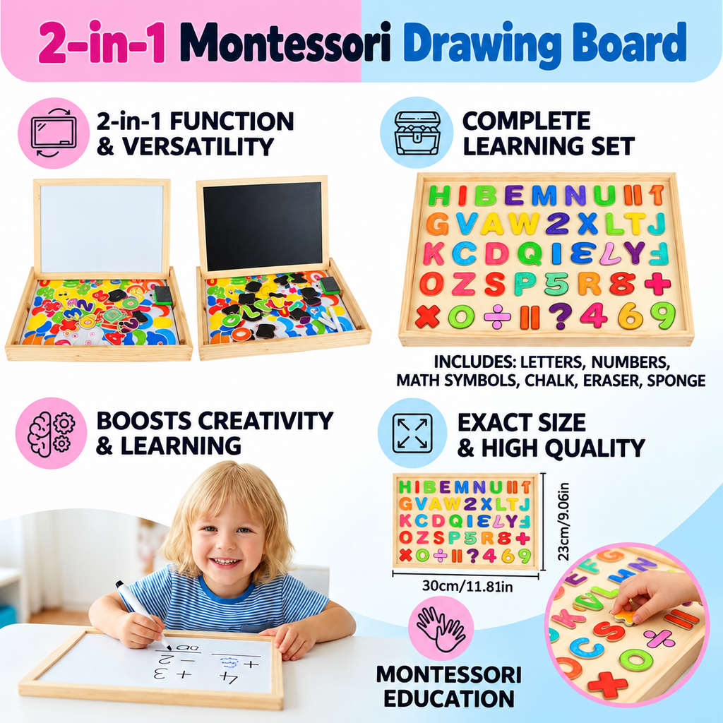 Pizarra de dibujo Montessori 2 en 1 de madera | Lado magnético y lado para escribir | Manera divertida de aprender forma