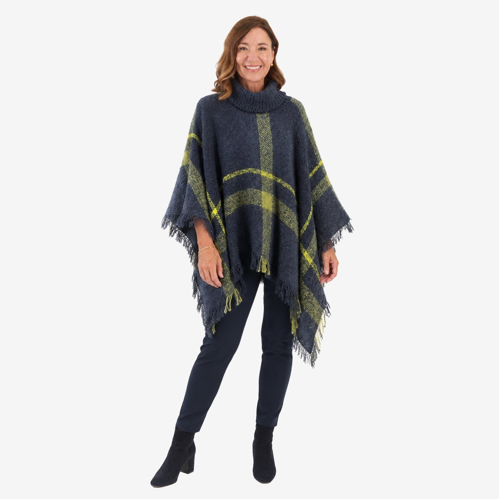 Poncho de cuadros tweed para mujer Sugar Crisp con cuello vuelto y bajo con flecos