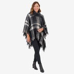 Poncho de cuadros tweed para mujer Sugar Crisp con cuello vuelto y bajo con flecos