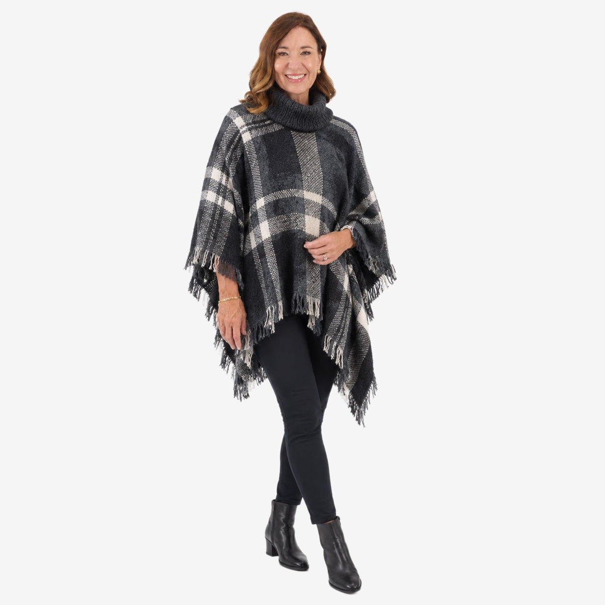 Poncho de cuadros tweed para mujer Sugar Crisp con cuello vuelto y bajo con flecos