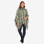 Poncho de cuadros tweed para mujer Sugar Crisp con cuello vuelto y bajo con flecos