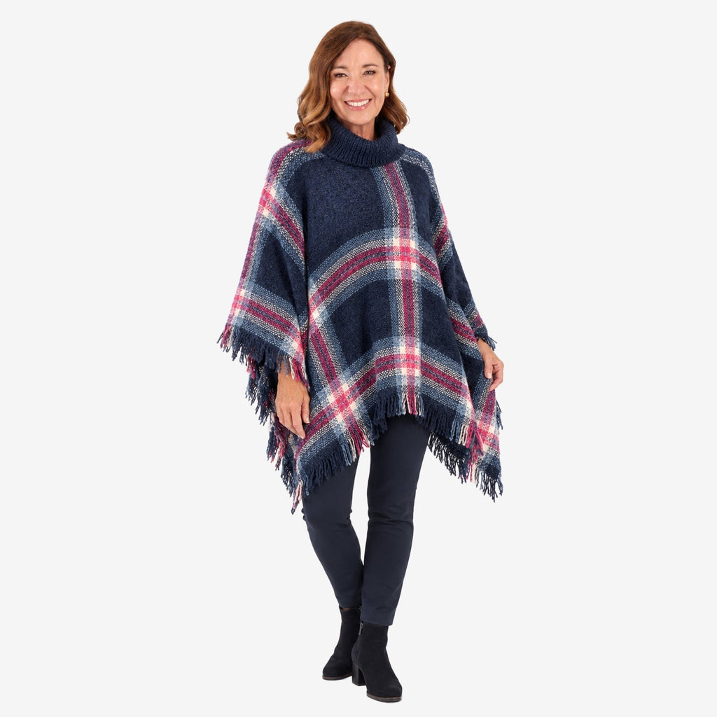 Poncho de cuadros tweed para mujer Sugar Crisp con cuello vuelto y bajo con flecos