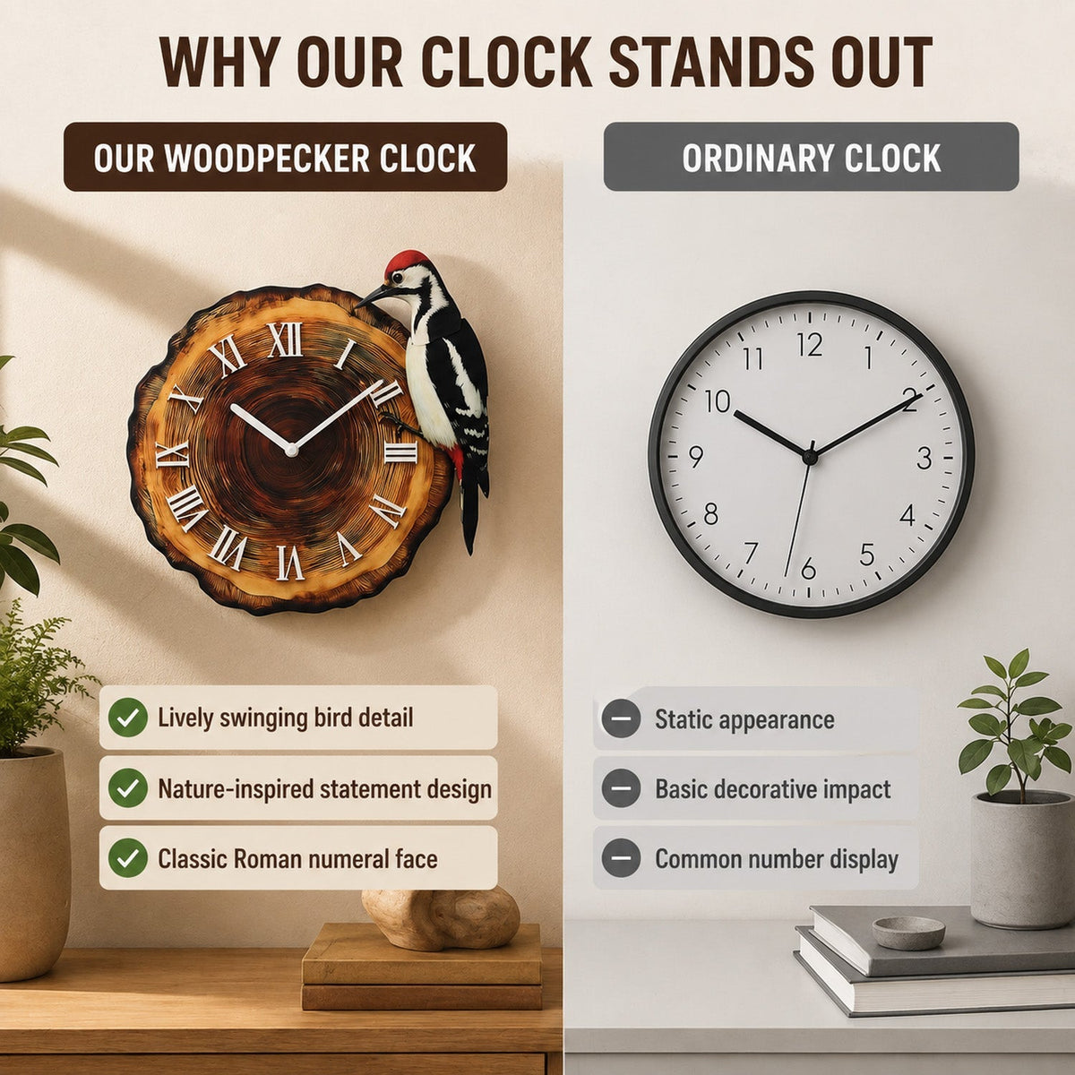 Reloj de pared con pájaro carpintero oscilante y números romanos – Decoración rústica inspirada en la naturaleza