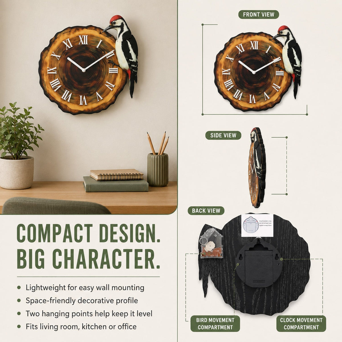 Reloj de pared con pájaro carpintero oscilante y números romanos – Decoración rústica inspirada en la naturaleza