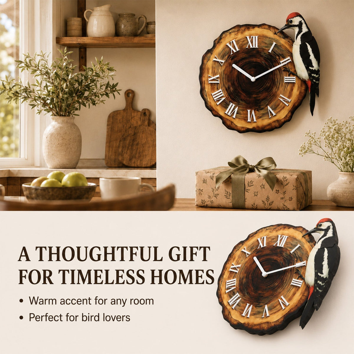 Reloj de pared con pájaro carpintero oscilante y números romanos – Decoración rústica inspirada en la naturaleza