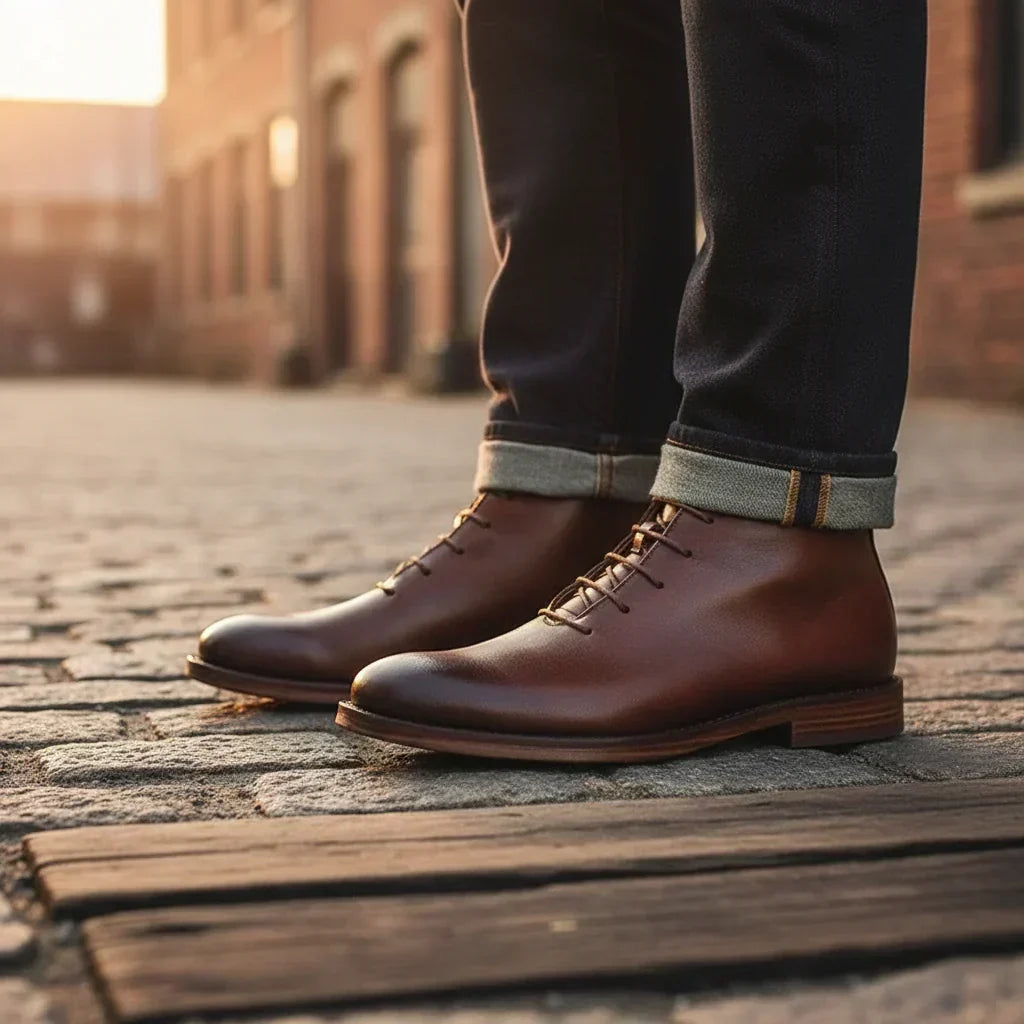 Robbin – Botas de tobillo de piel auténtica acabadas a mano para hombre