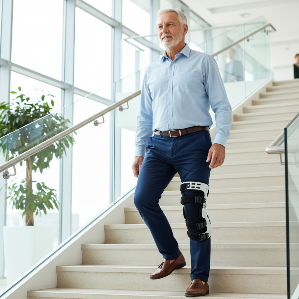 Rodillera de descarga con estabilización ajustable, izquierda o derecha, talla única – ArthroGuard