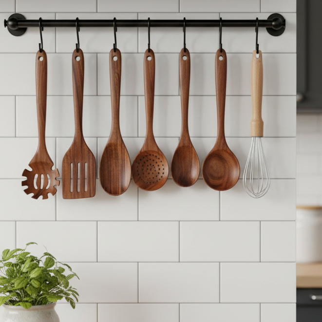 Set de 10 utensilios de cocina de teca natural