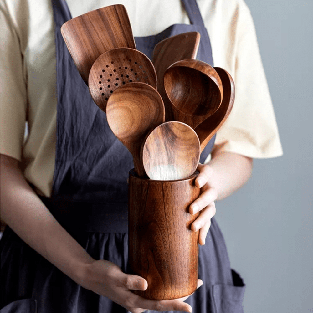 Set de 10 utensilios de cocina de teca natural