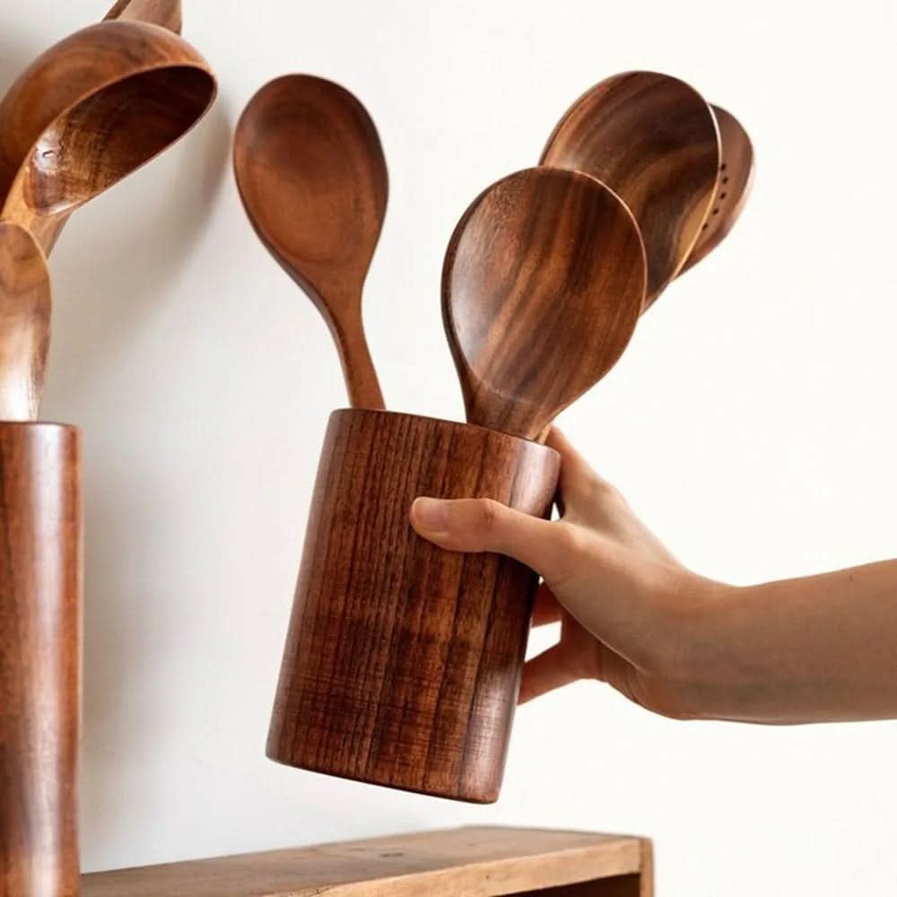 Set de 10 utensilios de cocina de teca natural