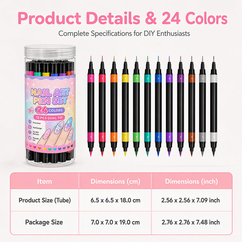 Set de 12 rotuladores de doble punta para nail art de 24 colores