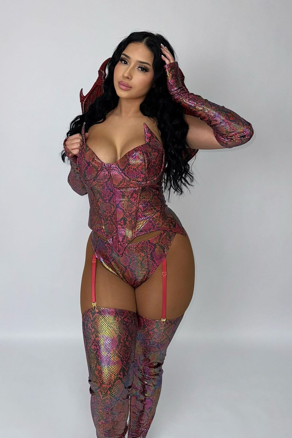 Set de disfraz de dragón con alas y diadema de cuernos, body, guantes y envolturas para piernas