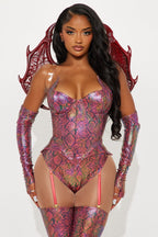 Set de disfraz de dragón con alas y diadema de cuernos, body, guantes y envolturas para piernas