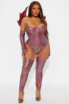 Set de disfraz de dragón con alas y diadema de cuernos, body, guantes y envolturas para piernas