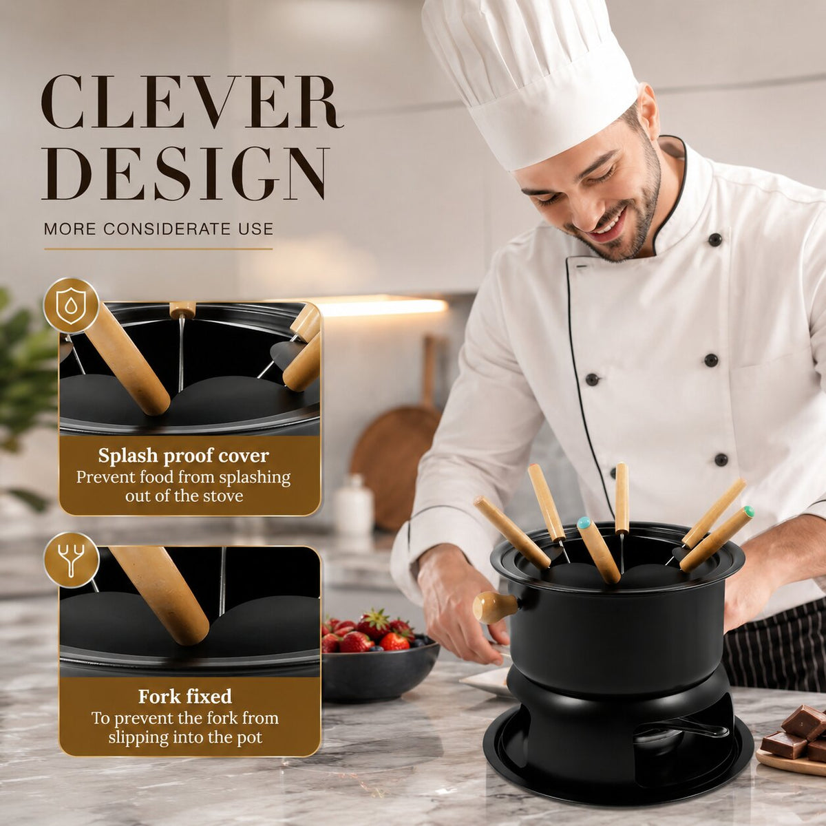 Set de fondue para chocolate y queso con 6 tenedores