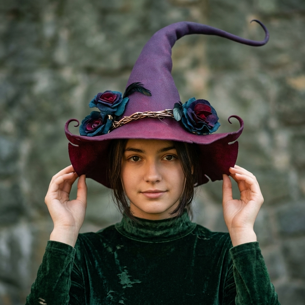 Sombrero de bruja de fieltro de lana merina hecho a mano — Ajustable para adultos, disfraz de Halloween