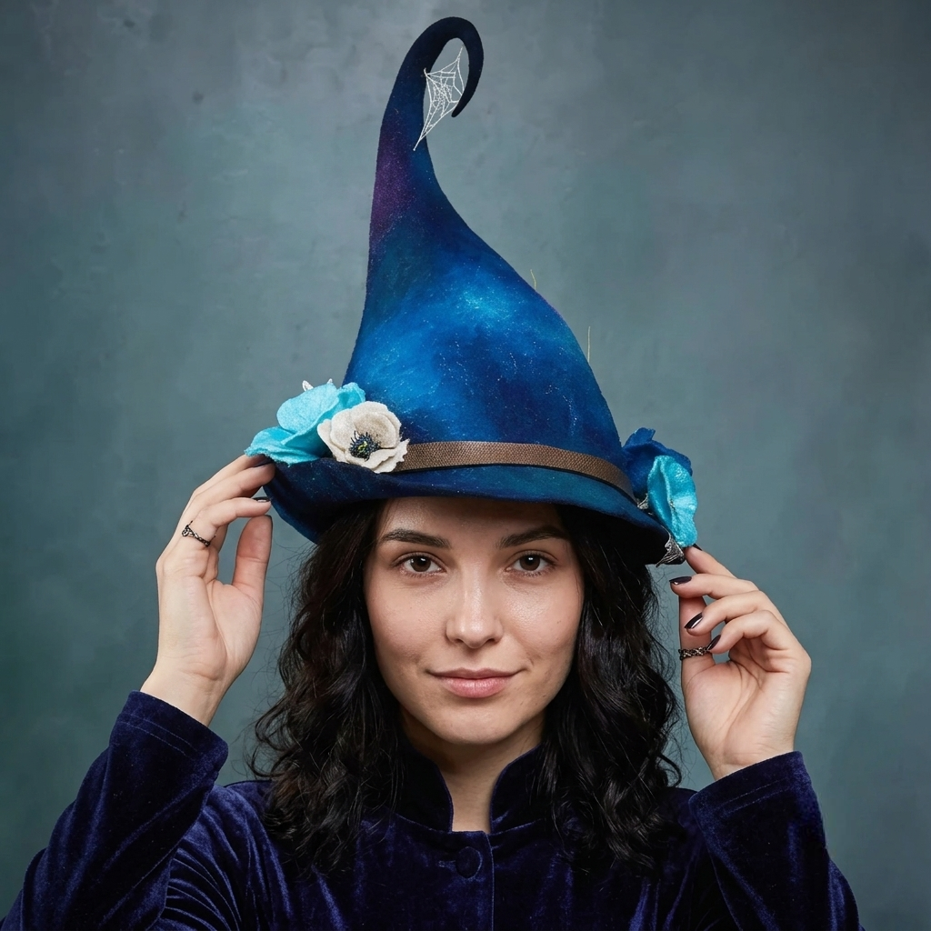Sombrero de bruja de fieltro de lana merina hecho a mano — Ajustable para adultos, disfraz de Halloween