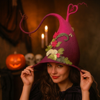 Sombrero de bruja de fieltro de lana merina hecho a mano — Ajustable para adultos, disfraz de Halloween
