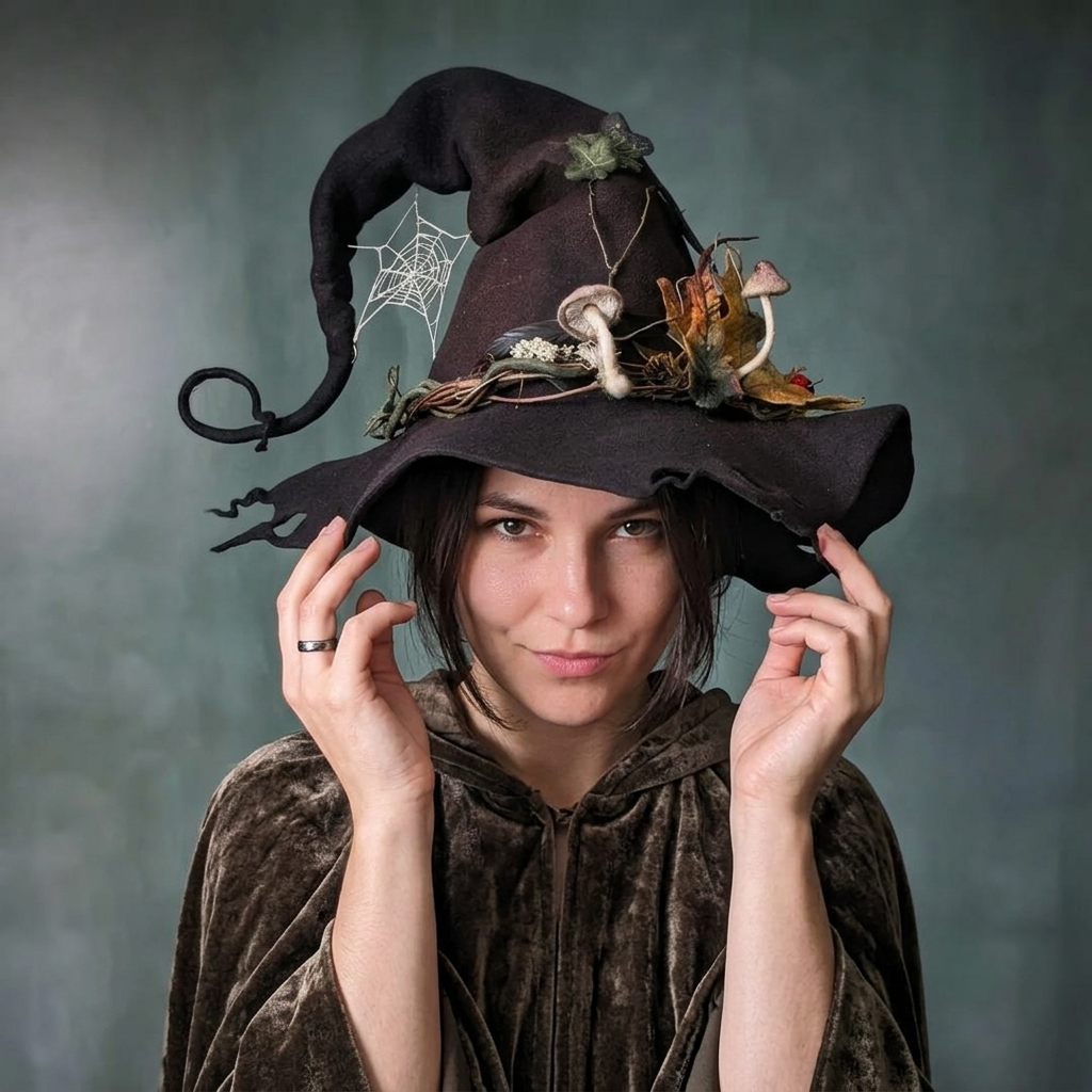 Sombrero de bruja de fieltro de lana merina hecho a mano — Ajustable para adultos, disfraz de Halloween