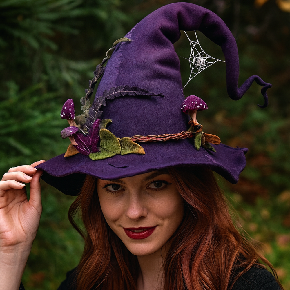 Sombrero de bruja de fieltro de lana merina hecho a mano — Ajustable para adultos, disfraz de Halloween