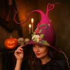 Sombrero de bruja de fieltro de lana merina hecho a mano — Ajustable para adultos, disfraz de Halloween