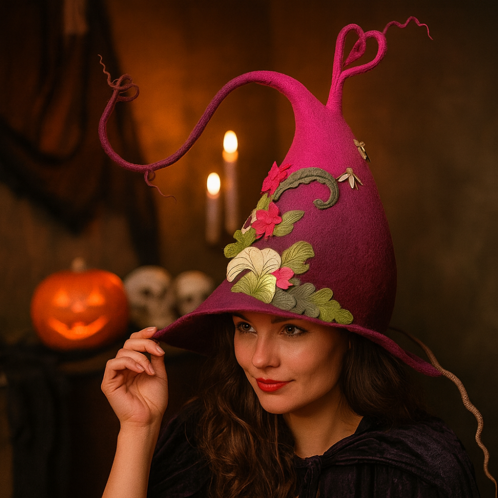 Sombrero de bruja de fieltro de lana merina hecho a mano — Ajustable para adultos, disfraz de Halloween