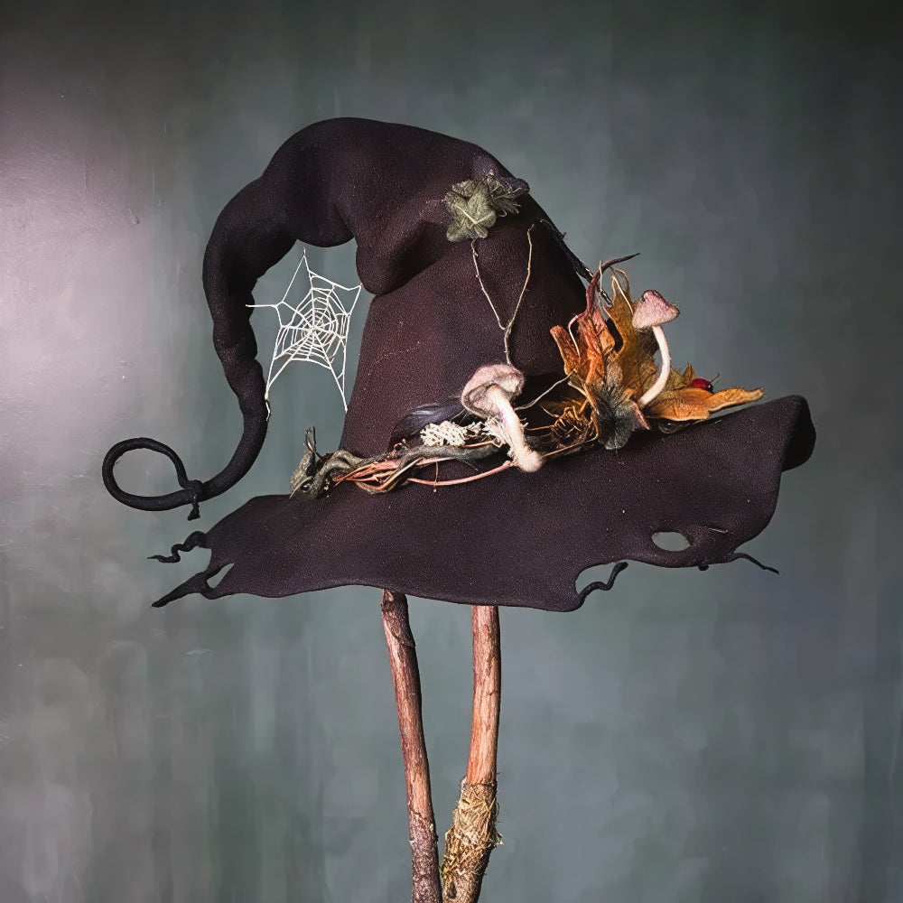 Sombrero de bruja de fieltro de lana merina hecho a mano — Ajustable para adultos, disfraz de Halloween