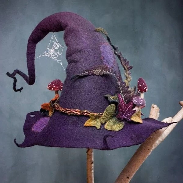 Sombrero de bruja, hecho a mano en fieltro de lana merina con punta curvada, 5 diseños decorados, ajuste adaptable para 