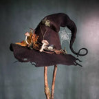 Sombrero de bruja, hecho a mano en fieltro de lana merina con punta curvada, 5 diseños decorados, ajuste adaptable para 