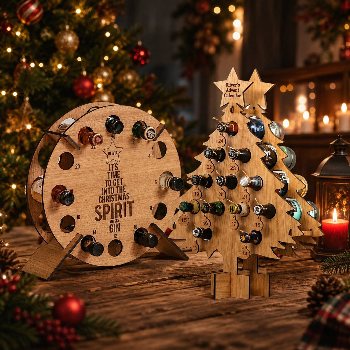 Soporte de madera para calendario de adviento de 24 botellas de vino y cerveza