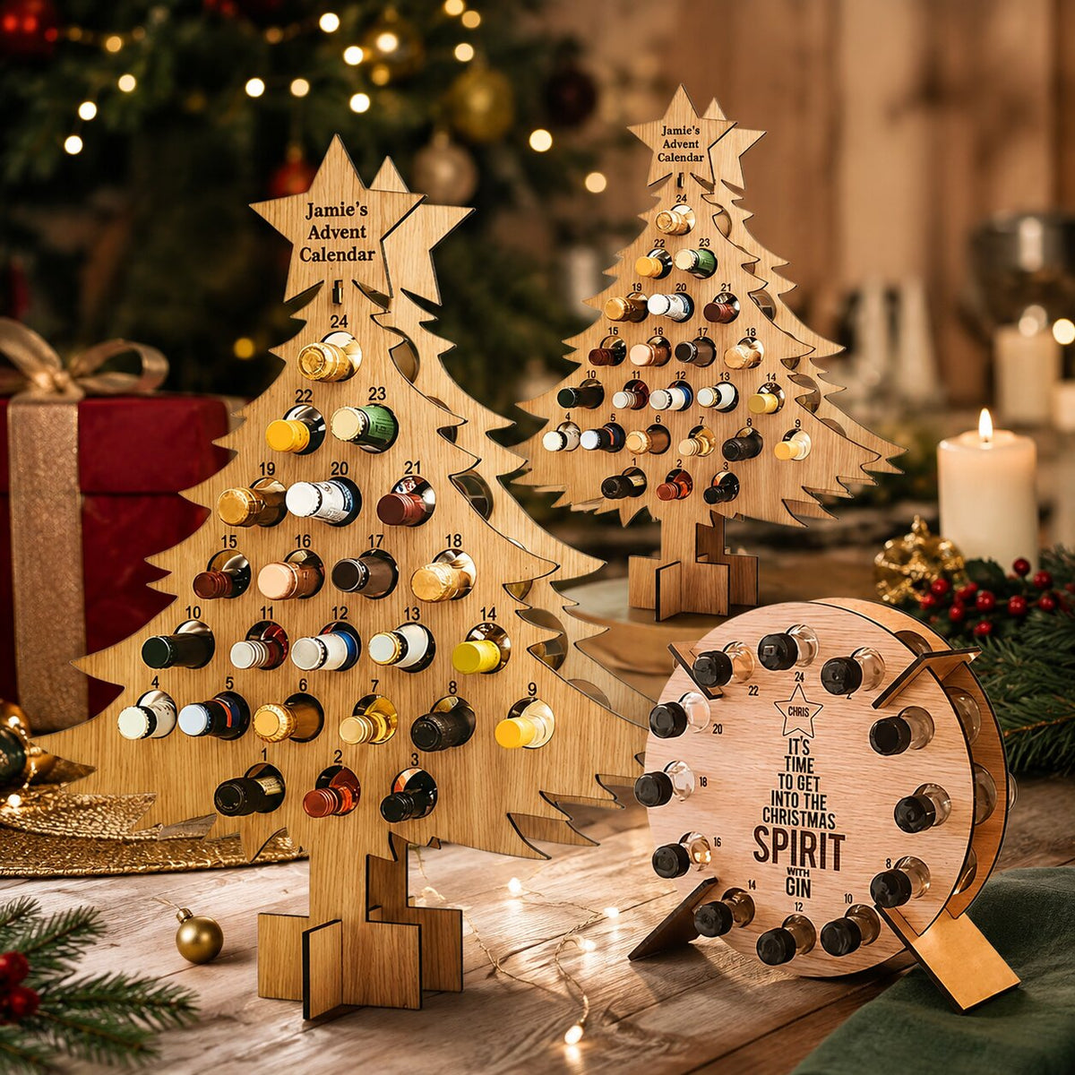 Soporte de madera para calendario de adviento de 24 botellas de vino y cerveza
