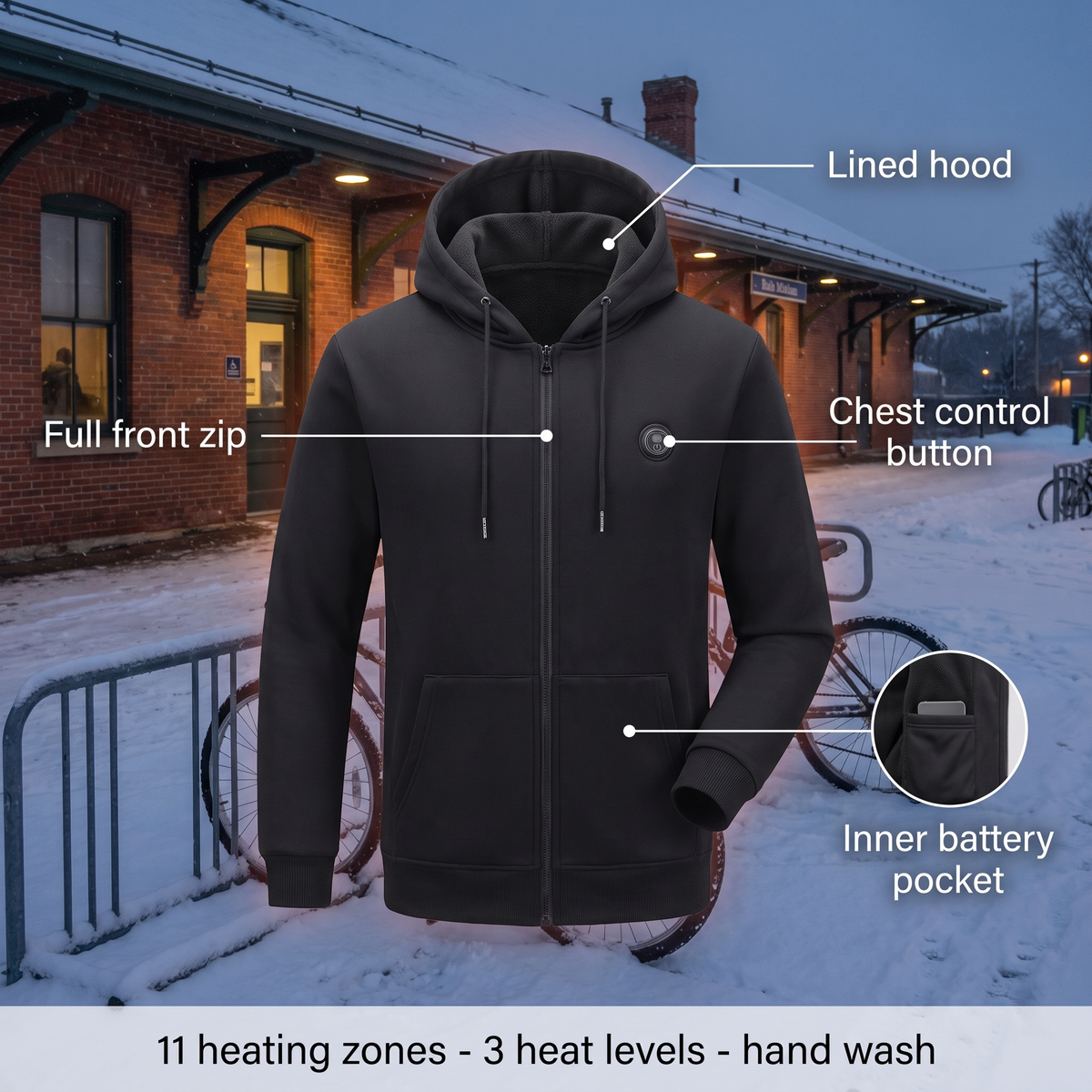 Sudadera con capucha calefactable, 11 zonas - 3 niveles de calor, USB